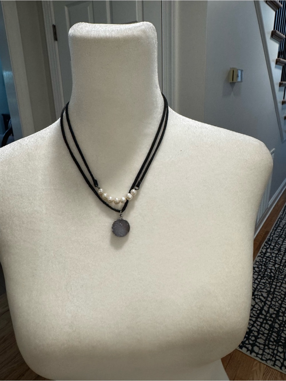 Layered Black Cord Necklace with Pearl Accents and Gray Druzy Pendant